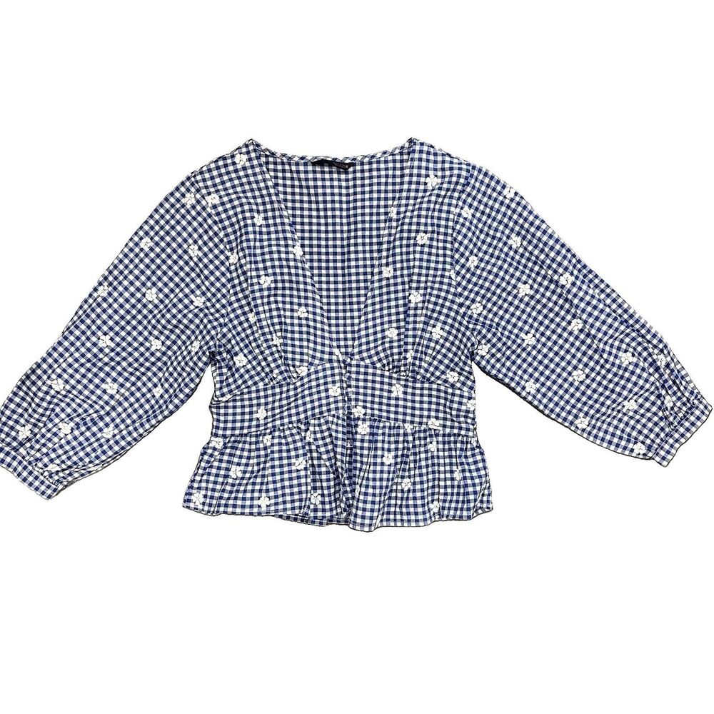 Zara Blue White Gingham Floral Embroidered Peplum Top V-Neck Puff Sleeve S